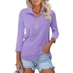 TICTICMISS Women's 3/4 Sleeve Tops XL Collared V Neck 1/4 Zip Polo Shirt Purple
